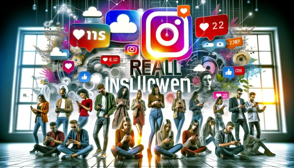 DALL E 2023 11 13 09.41.42 A digital collage representing the concept of Real Followers on Instagram. The image features a diverse group of people each with their own unique